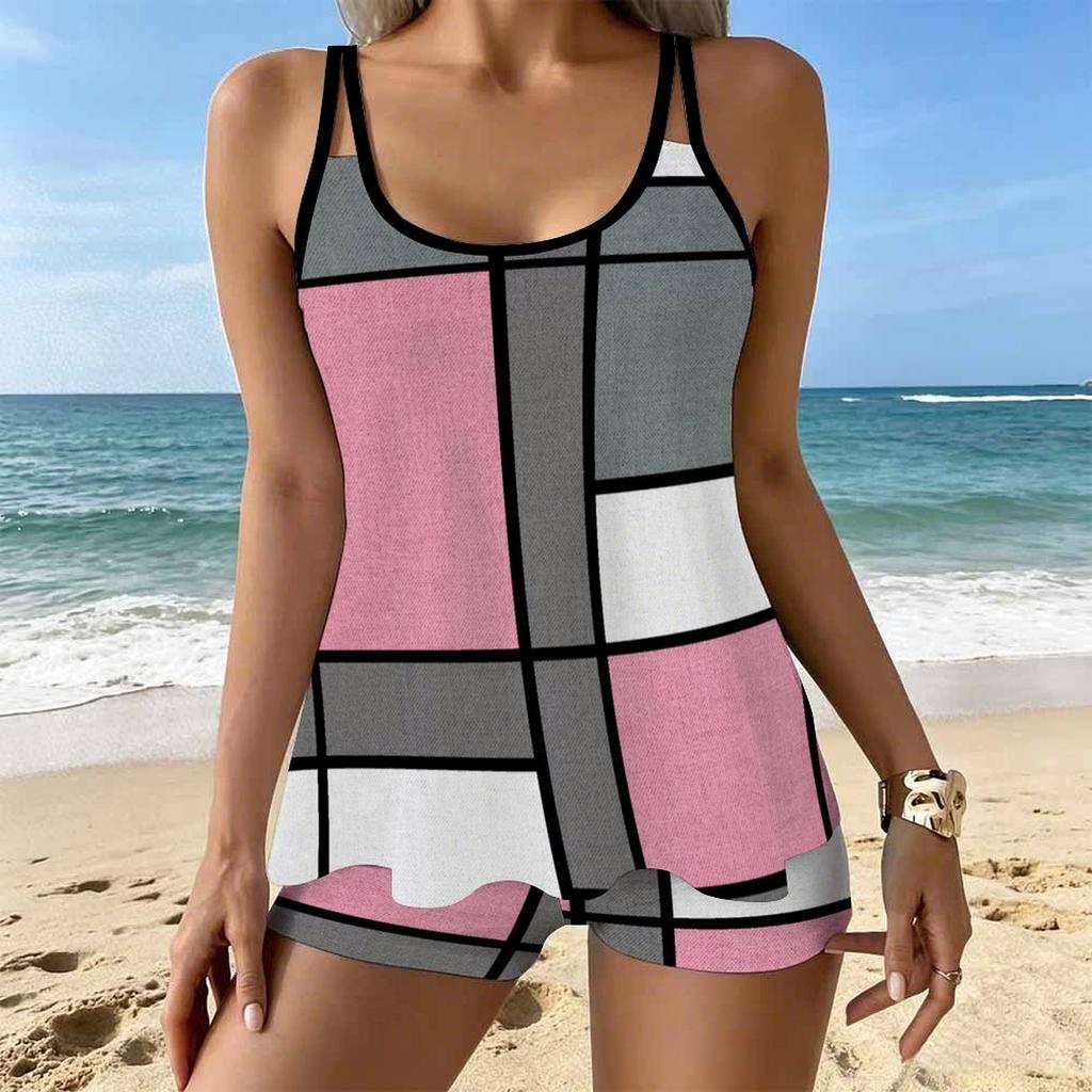 Women's Swimwear Tankini 2 Piece Swimsuit Geometric Color Collision Pattern Vacation Bathing Suits