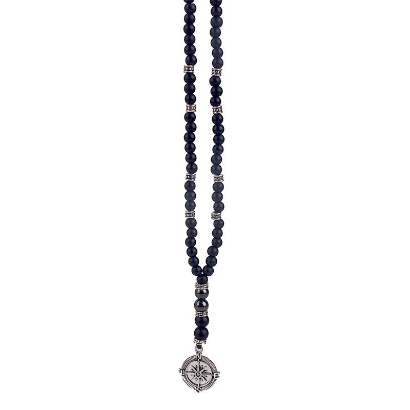 Matte Black Agate Alloy Compass Pendant Necklace - Classic Yoga Design