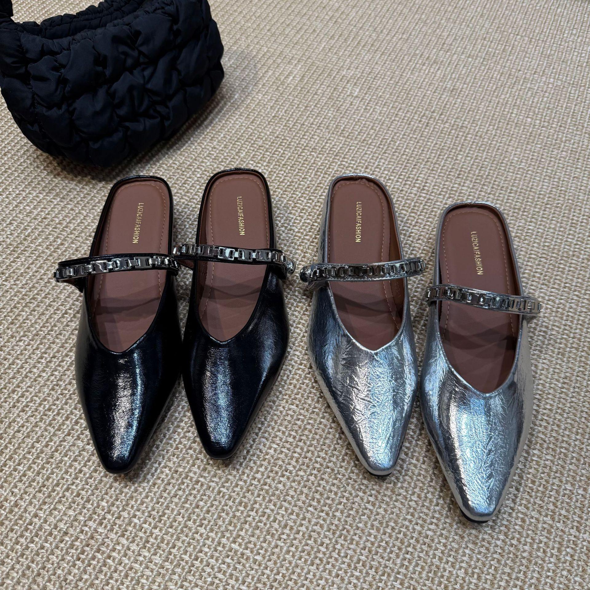 

2025 new small square head with chain, low slope heel, lazy people wear half-drag women s sandals 39 серебряный