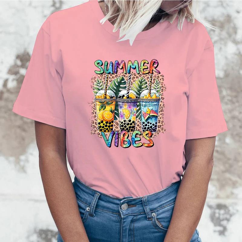 Funny Summer Vibes Letter Print T-Shirt Womans Casual Tops Summer Cool T Shirt Plus Size Tops Tees