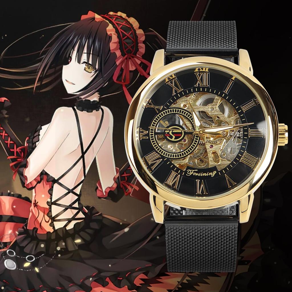 TeamSky Mechanical Men's Roman Numeral Watch Retro Hollow Mechanical Watch (Black Gold CaseStainless Steel Band (Type A Band))