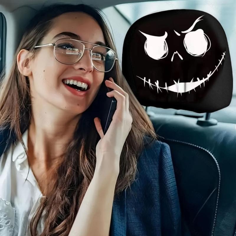 Halloween Ghostly Design Car Headrest Covers Soft Fabric Protectors For Car Interior Accessories Machine Washable 1 Pair