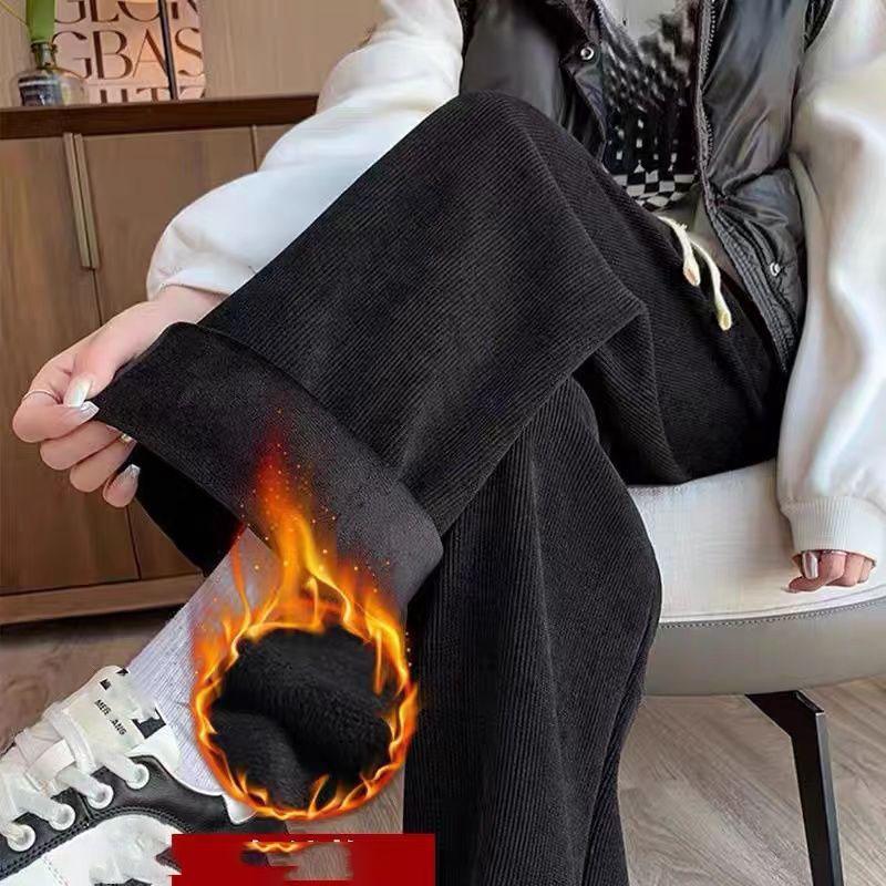 Women Winter Chic Winter Snow Warm Daily High Waisted Long Pants Lady Basic Baggy Straight Leg Wide Leg Plush Thermal Trousers