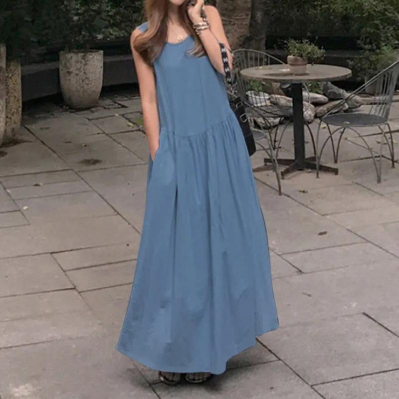 Colete Casual de Verão com Gola Redonda Sem Mangas Tamanho Grande Solto Cor Sólida Vestido Longo Fluido