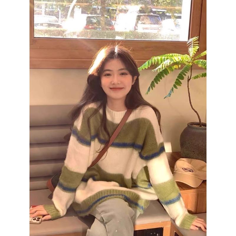 Zelený pruhovaný dámský svetr Color Blocking Kulatý výstřih Dlouhý rukáv Pulovr Teplé svrchní oblečení Dámský podzimní top