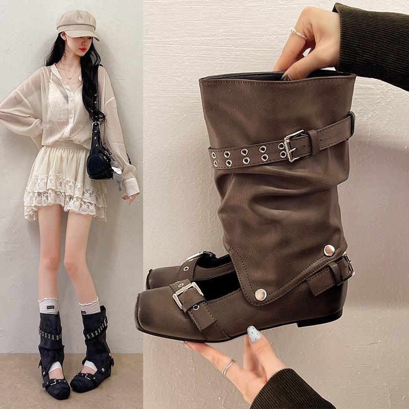 Removable inner height-increasing cool boots, trouser tube is thin, fashionable belt buckle, cool boots, shallow mouth two wear, women's large tube