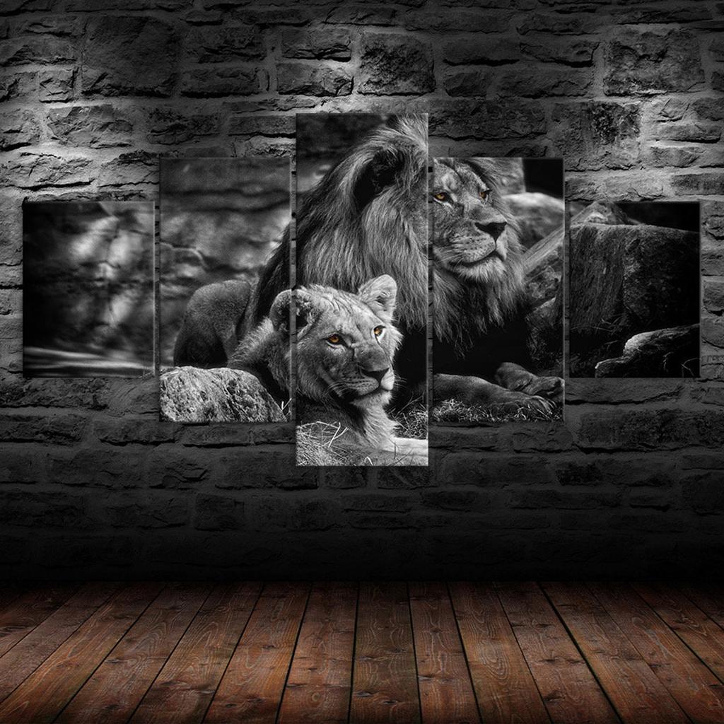 Lion Family Animal Couple White Black Scene 5 Piece Five Panel Wall Canvas Print Modern Art Poster Home Decor Gift For Him For Her
