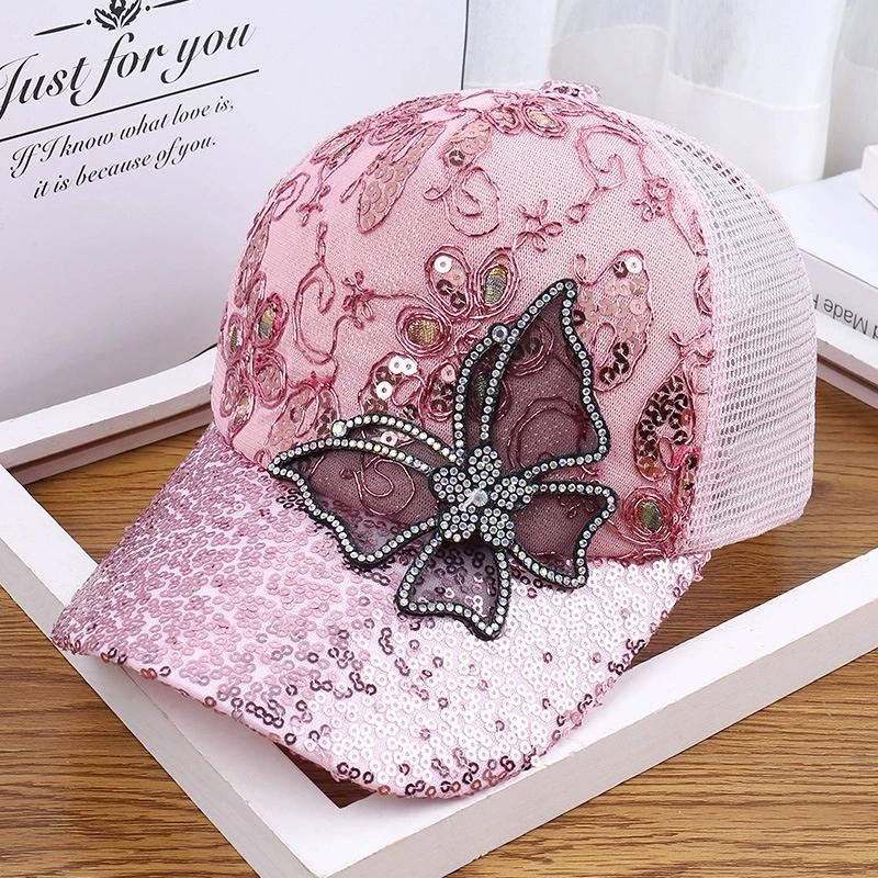 Damen Schwarz Strass Schmetterling Verziert Basecap Verstellbar Atmungsaktiv Netz Frühling Sommer Herbst Hut