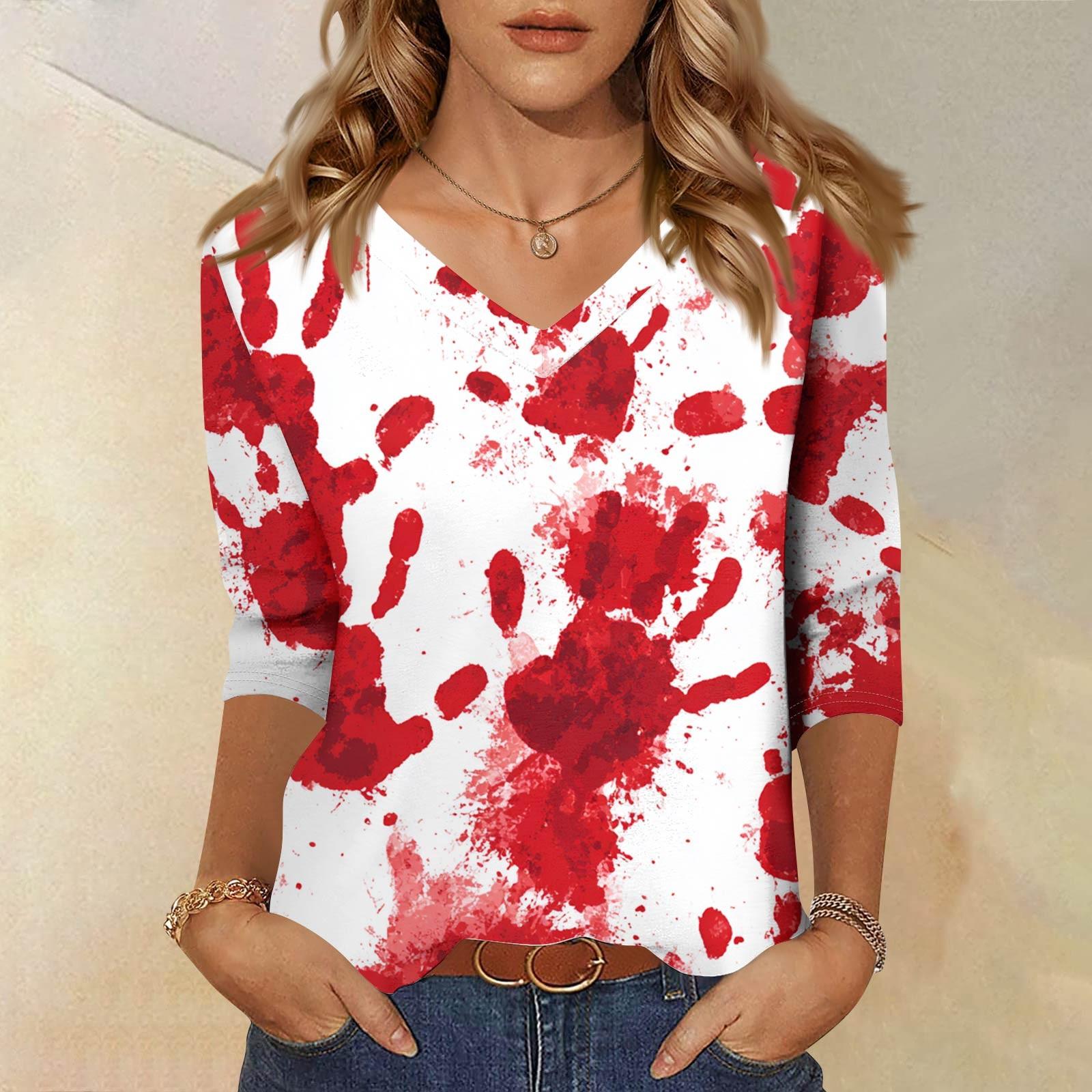 

Женские топы Рубашка с рукавом три четверти V-образный вырез Свободная повседневная рубашка Футболка с принтом XXXL красный