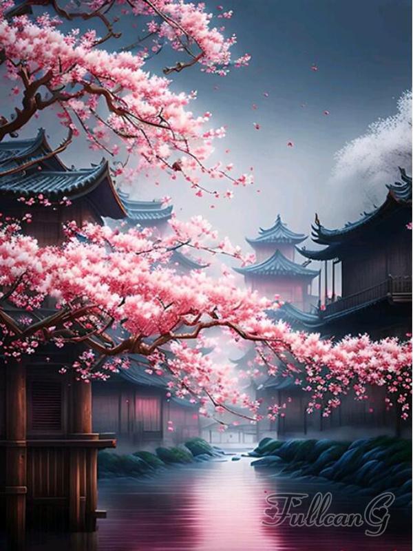 Japanese Cherry Blossoms Diamond Painting New Arrivals Waterfall Temple Landscape Full Rhinestone Embroidery Mosaic Cross Stitch Kits AA4518