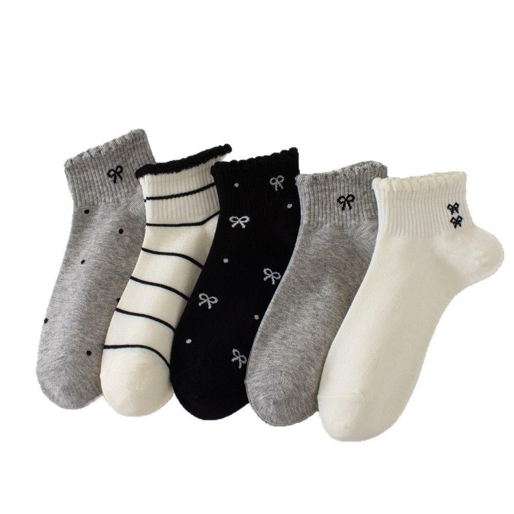 

Breathable Kawaii Shallow Socks Stripe Bow Boat Socks Fashion Design Short Tube Socks Warm 5pairs
