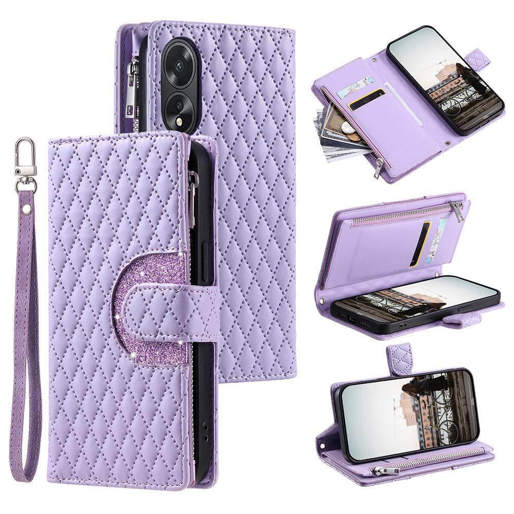 

Style 012 for Oppo A38 4G/A18 4G Zipper Wallet Cover Glitter Powder Phone Protective Case with Strap Purple