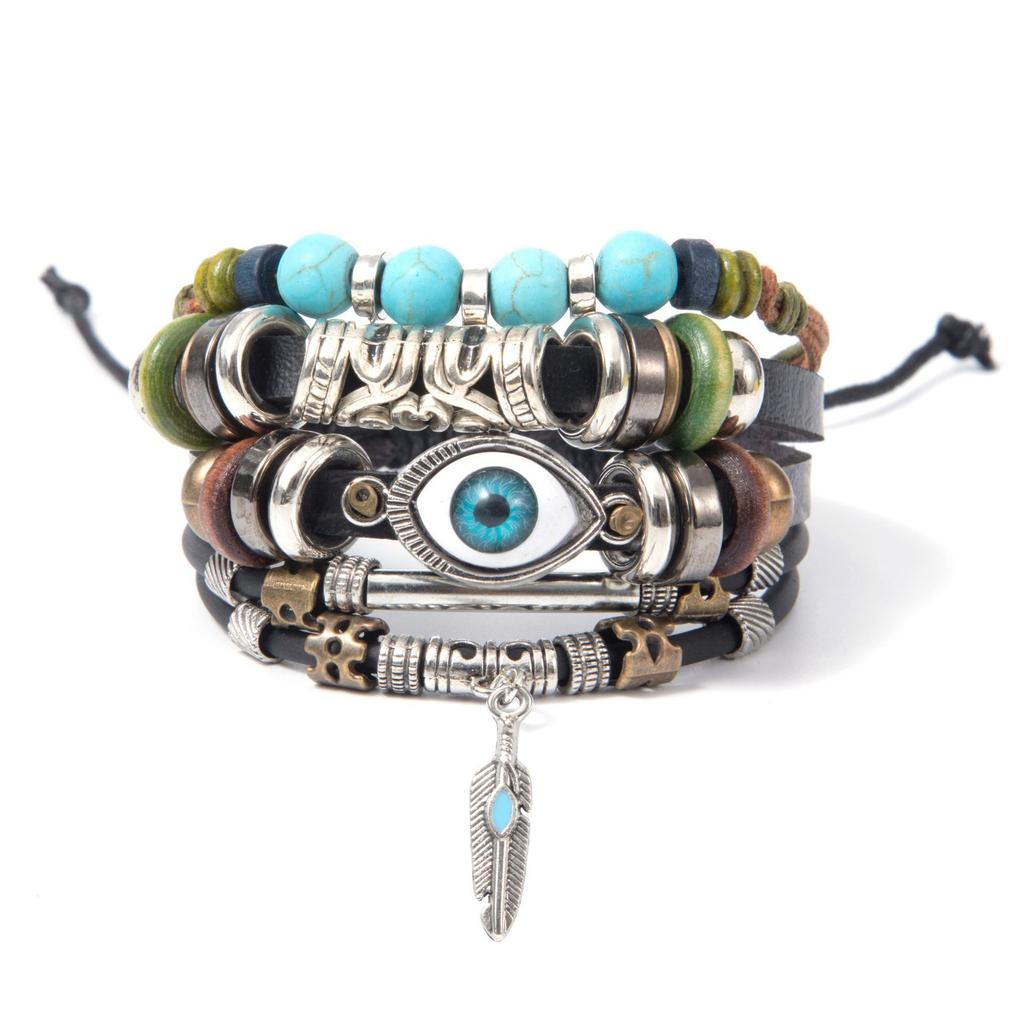 Blaues Auge Lederarmband Mehrschichtig Geflochtenes Seil Armband, Mode Persönlichkeit Hand Schmuck für Frauen Männer