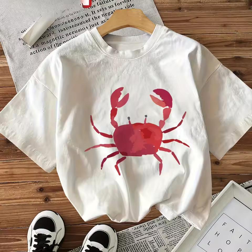Crab Pattern Printed T-Shirt Creative Simple Style Short-Sleeve Round-Neck Summer Men Woman Top Casual Soft Tshirt Clothing