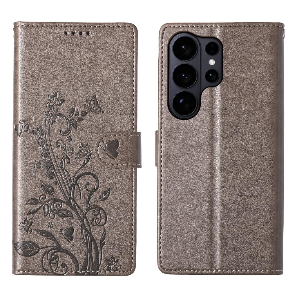 For Samsung Galaxy S26 Ultra Wallet Case Butterfly Floral Imprint PU Leather Phone Cover with Wrist Strap
