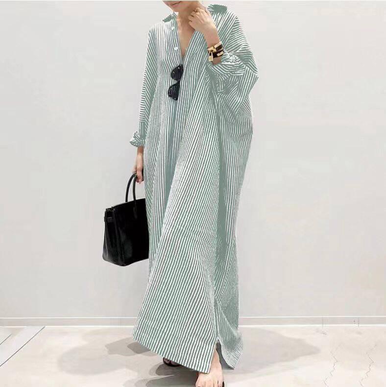 New European & American Women's Plus Size Striped Long Nightgown - Breathable & Loose Homewear