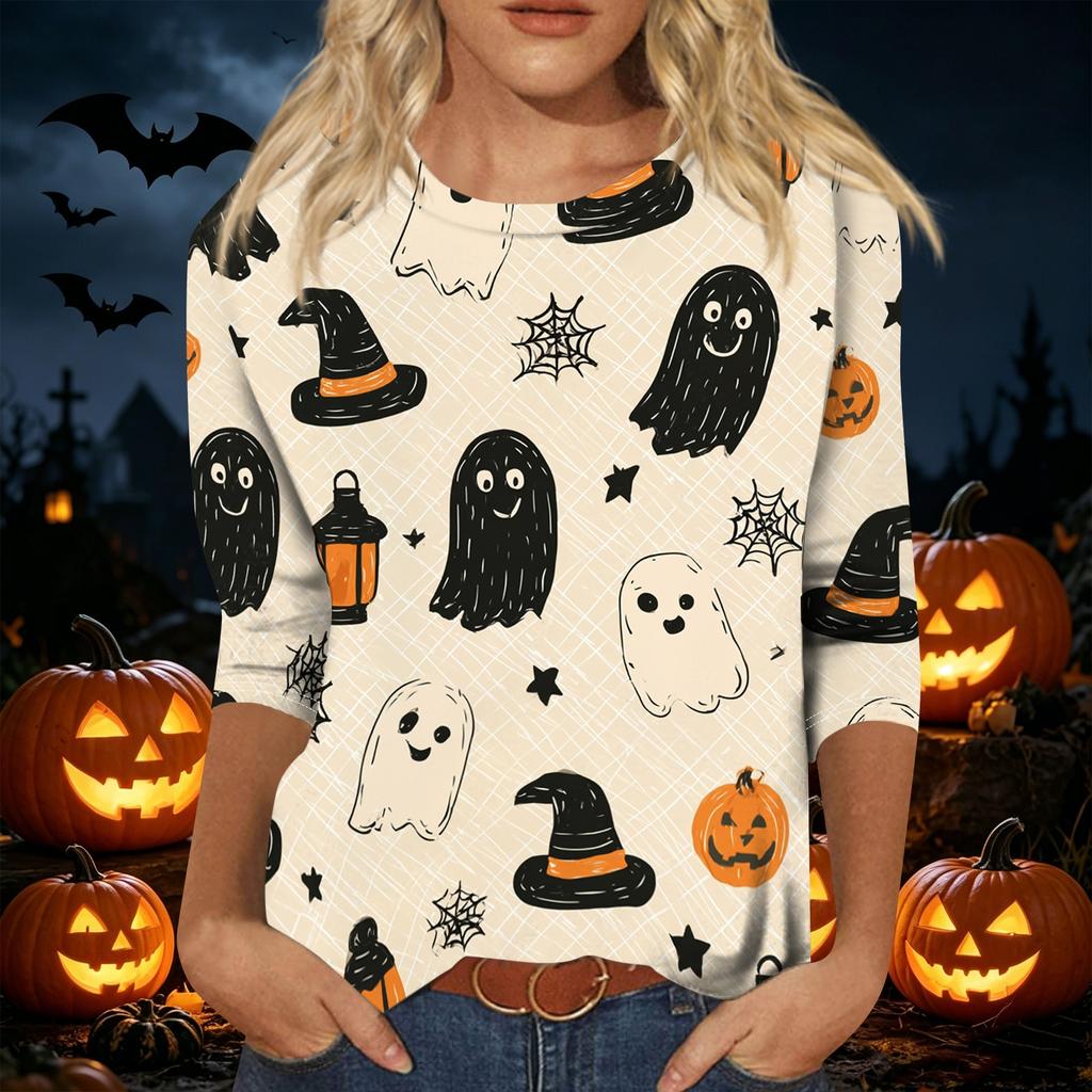 Women's Casual Three Quarter Sleeve Halloween Theme Printed Crew Neck Top Relaxed Fit Soft Material Holiday Blouse Shirt