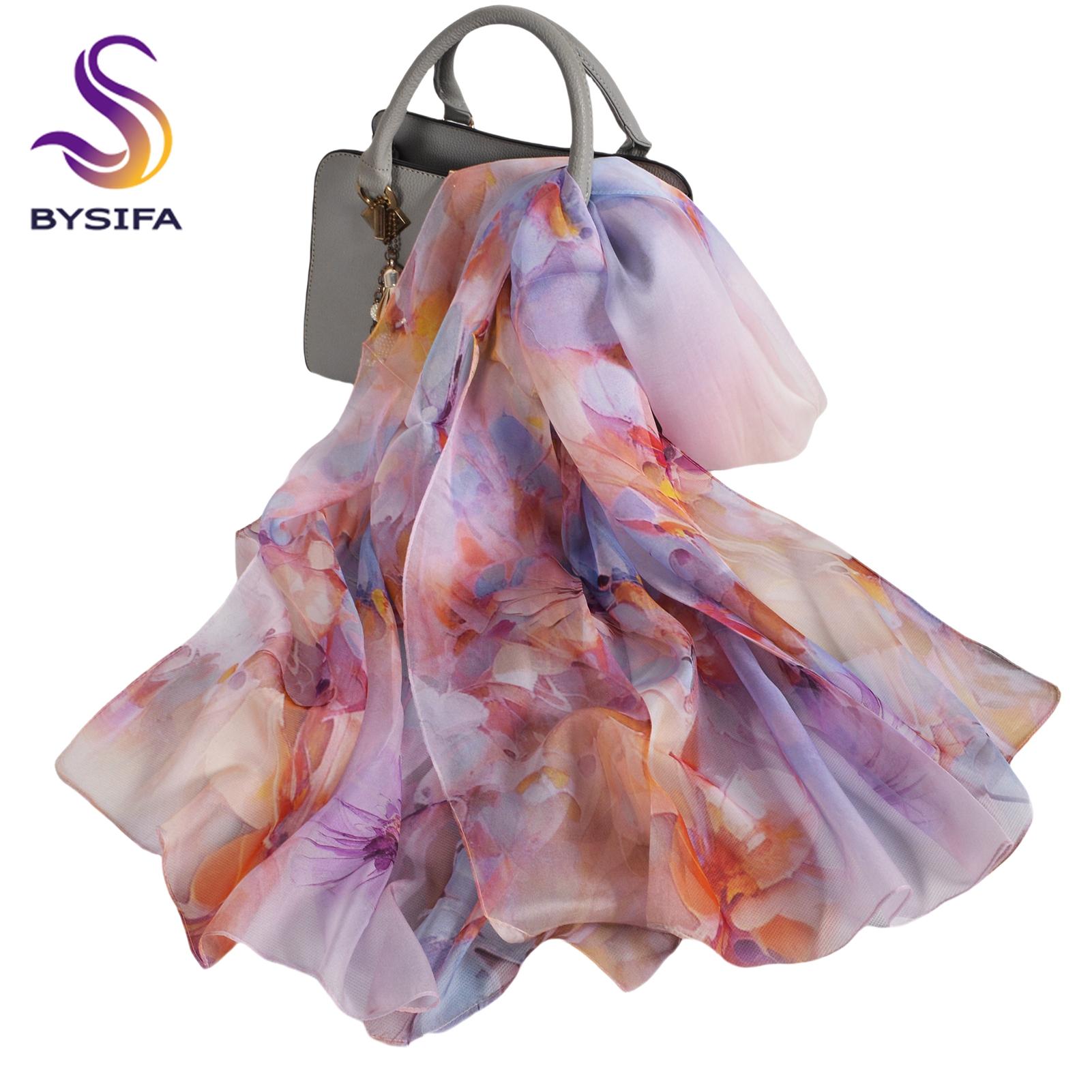 

[BYSIFA] Spring Fall Purple Pink Long Silk Scarf Floral Design 100% Mulberry Silk Beach Shawl Scarf Winter Silk Scarves Echarpes