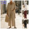 Lässiges einfarbiges Baumwoll-Leinen lockeres Weste Hemd Hose 3-teiliges Set Damen Kurzarm Cardigan Weite Hosen Anzüge Sommer Damen Outfits