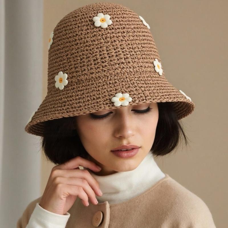 Eleganter Panama Hut Strohblumen Eimerhut, Cooler und Bequemer Panama Hut Handgefertigter Stroh Fischerhut