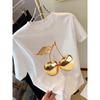 Golden Cherry Print Women Short Sleeve T-Shirt Casual Tee a Sense of Elegance Fashion Harajuku Kawaii T-shirt Y2K Clothing