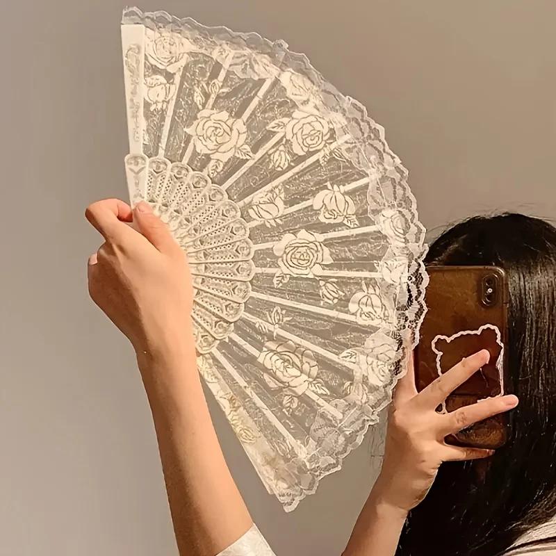 Lace Rose Fan Women Summer Folding Fan Dance Special Ancient Folding Handheld Photo Prop Holiday Birthday Gift