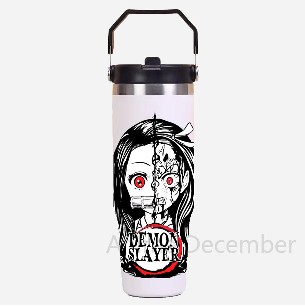 30oz Anime Portable Car Cup Stainless Steel Thermos Cup with Straw Travel Sport Water Bottle Handle Cover Coffee Vacuum Flask