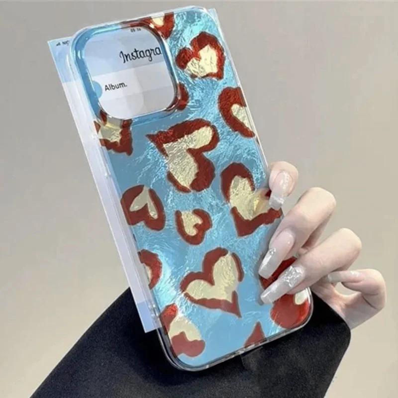 Blue Brown Heart-shaped Leopard Pattern Phone Case for IPhone 11 12 13 14 15 16 Pro Max X XR 7 8 Plus Soft Edge Shockproof Cover