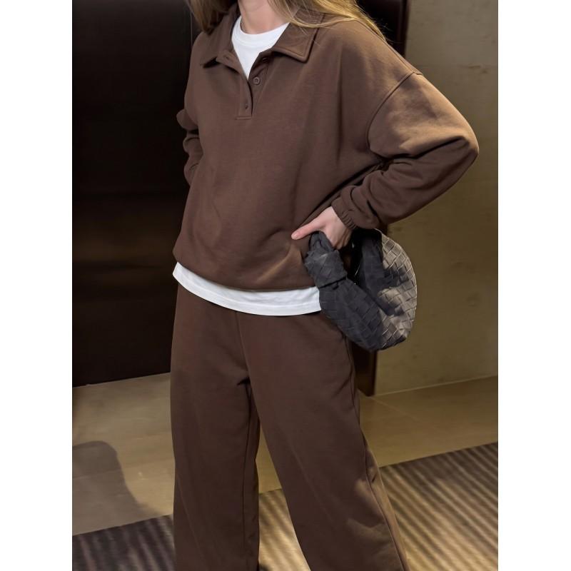 2026 Womens 2-Piece Casual Set Long Sleeve Polo Top Wide Leg Pants Sportswear