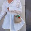 Women Woven Bucket Sling Bag Handmade Cherry Small Weave Straw Bag Drawstring Crossbody Bag Girls Outdoor Daily Bag