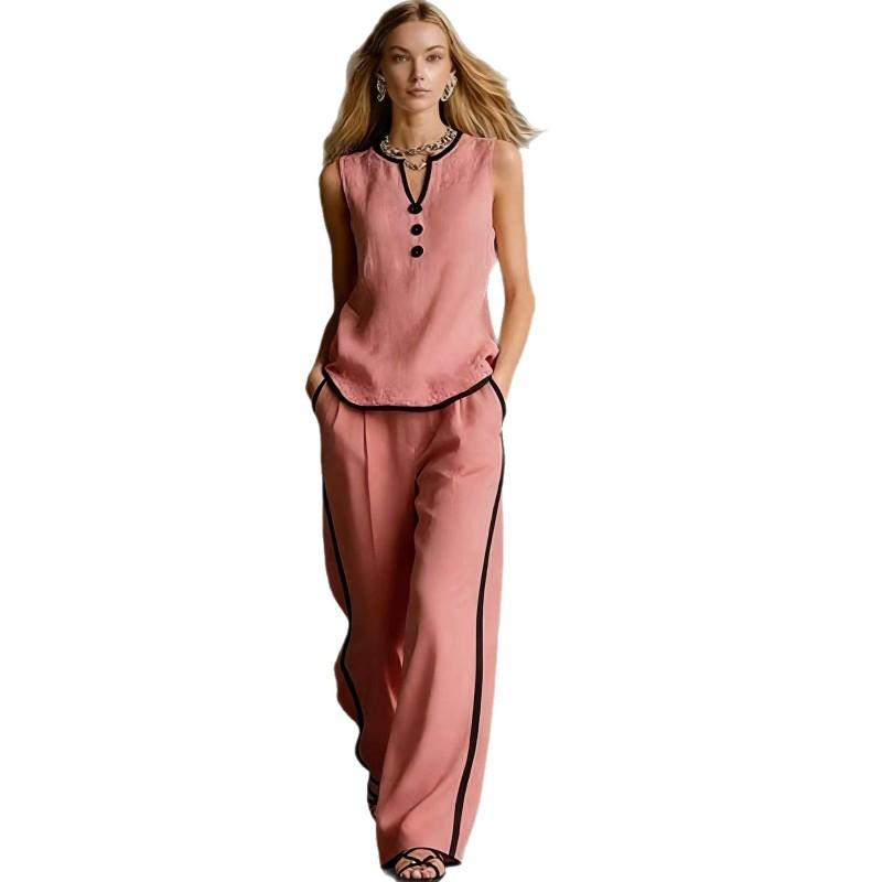 2026 Womens Sleeveless V-Neck Top Wide-Leg Pants Set Color-Block Contrast Trim Lightweight Breathable Outfit