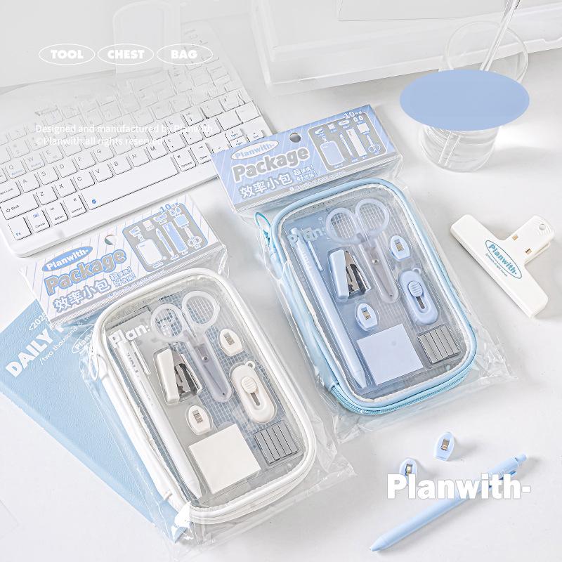 Mini Student Stationary Set for Kids Simplicity Blue White Color Pen Ruler Stapler Scissors Knife Set School Supplies Practical