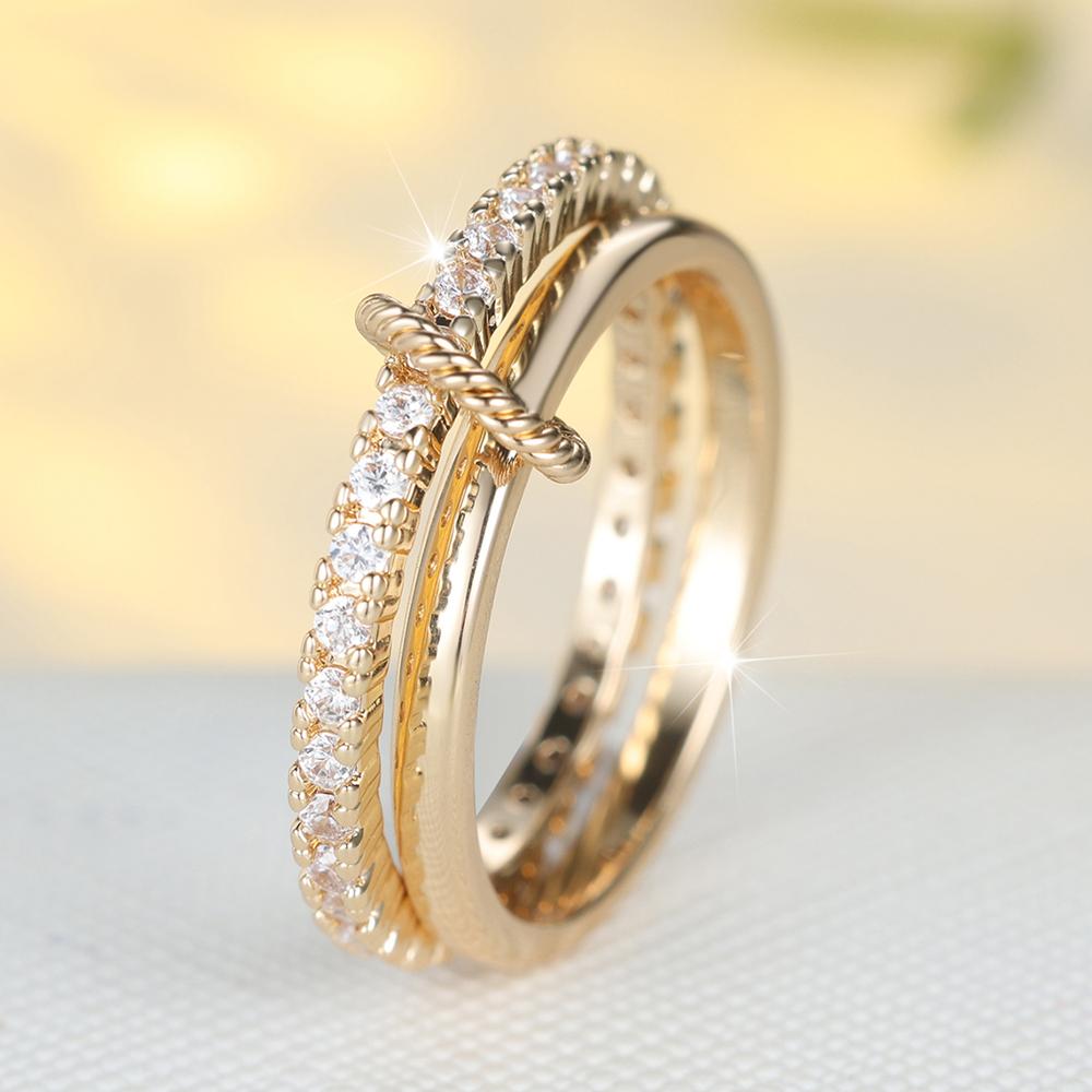 Fashion White Cubic Zirconia Double Layer Rings for Women Girls Vintage Golden Wedding Bands Wedding Jewelry