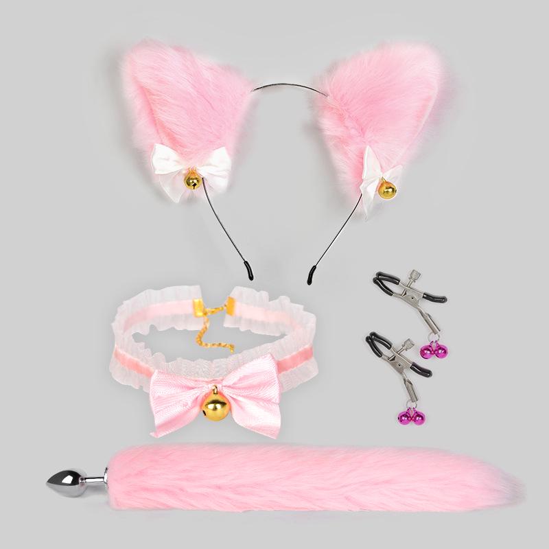 Bondage Katzenanzug mit Schwanz Analplug, Halsband & Knebel