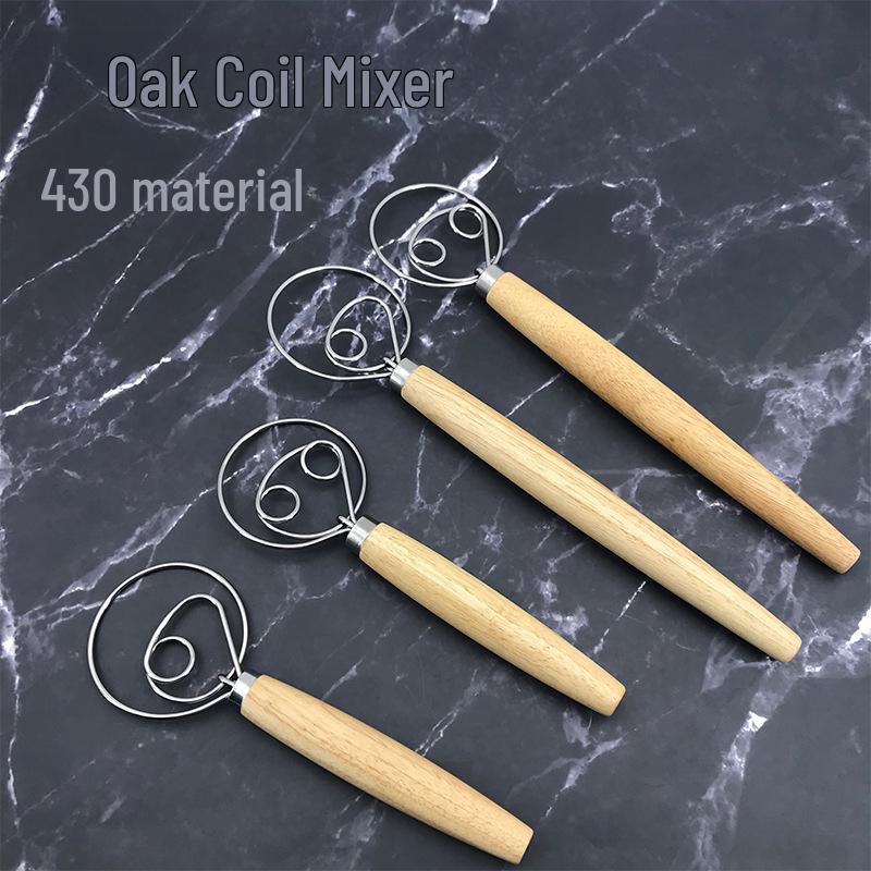 Danish Wooden-Handled Single Coil Dough Mixer: Manual Handheld Baking Tool for Flour Blending