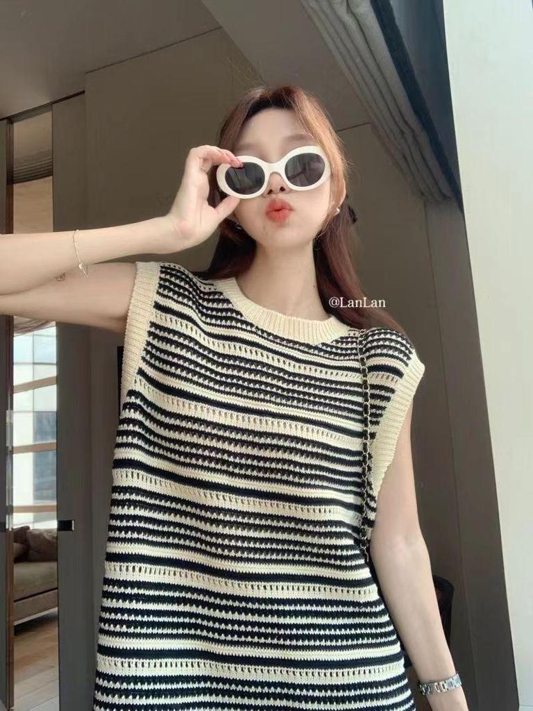 Summer 2025 Striped Sleeveless Knit Tassel Dress for Women