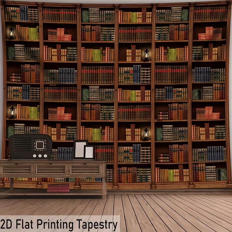 Retro Library Bookshelf Tapestry, Bookcase Print for Room Decor