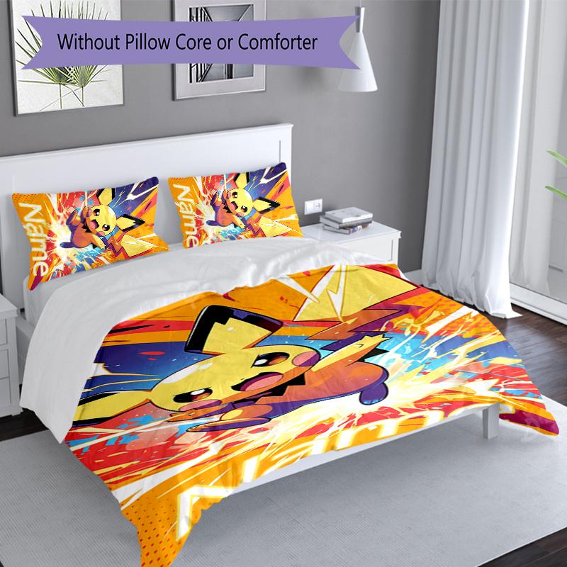 3pcs Custom Name Pokémon Pikachu Bedding Set,Includes 1 Duvet Cover and 2 Pillowcases,All-season Bedroom Decor