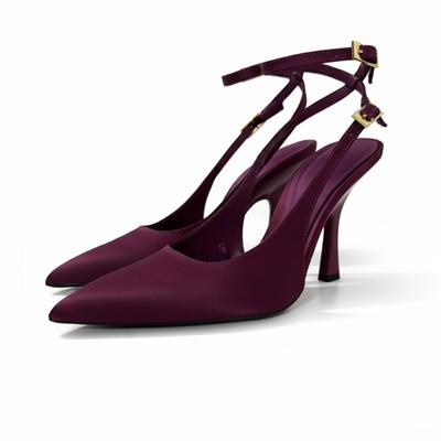 Sexy Women's Party Evening Heels Elegant Slingback High Heels Pumps Burgundy Satin Classic Pointed Toe Stiletto with Ankle Strap