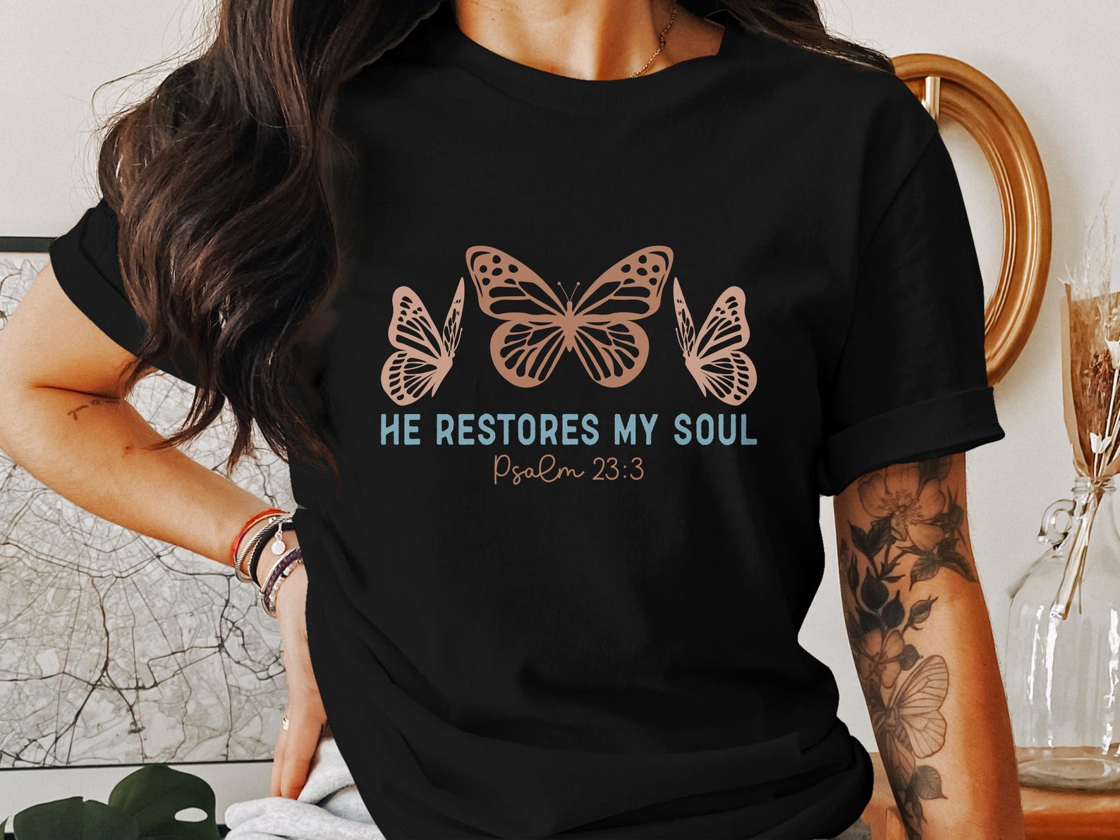 He Restores My Soul T-Shirts, Psalm 23 3, Butterfly Tee, Christian Apparel, Bible Verse, Faith Gift, Religious, God, Jesus XL