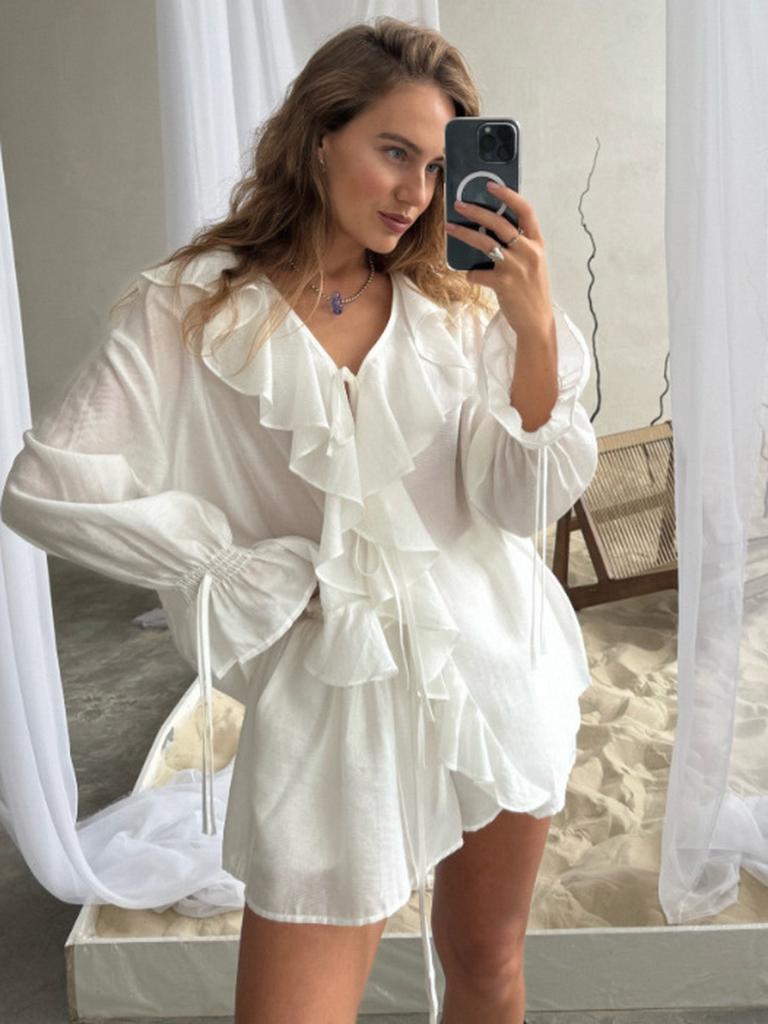 Spring Autumn French Sweet Loose Ruffles Lace Collar Two Piece Set Women's Outfit
