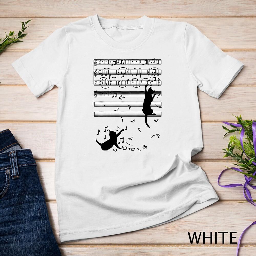 

Funny Black Cat Climbing Playing Sheet Music Note Gift Idea Unisex T-shirt XL