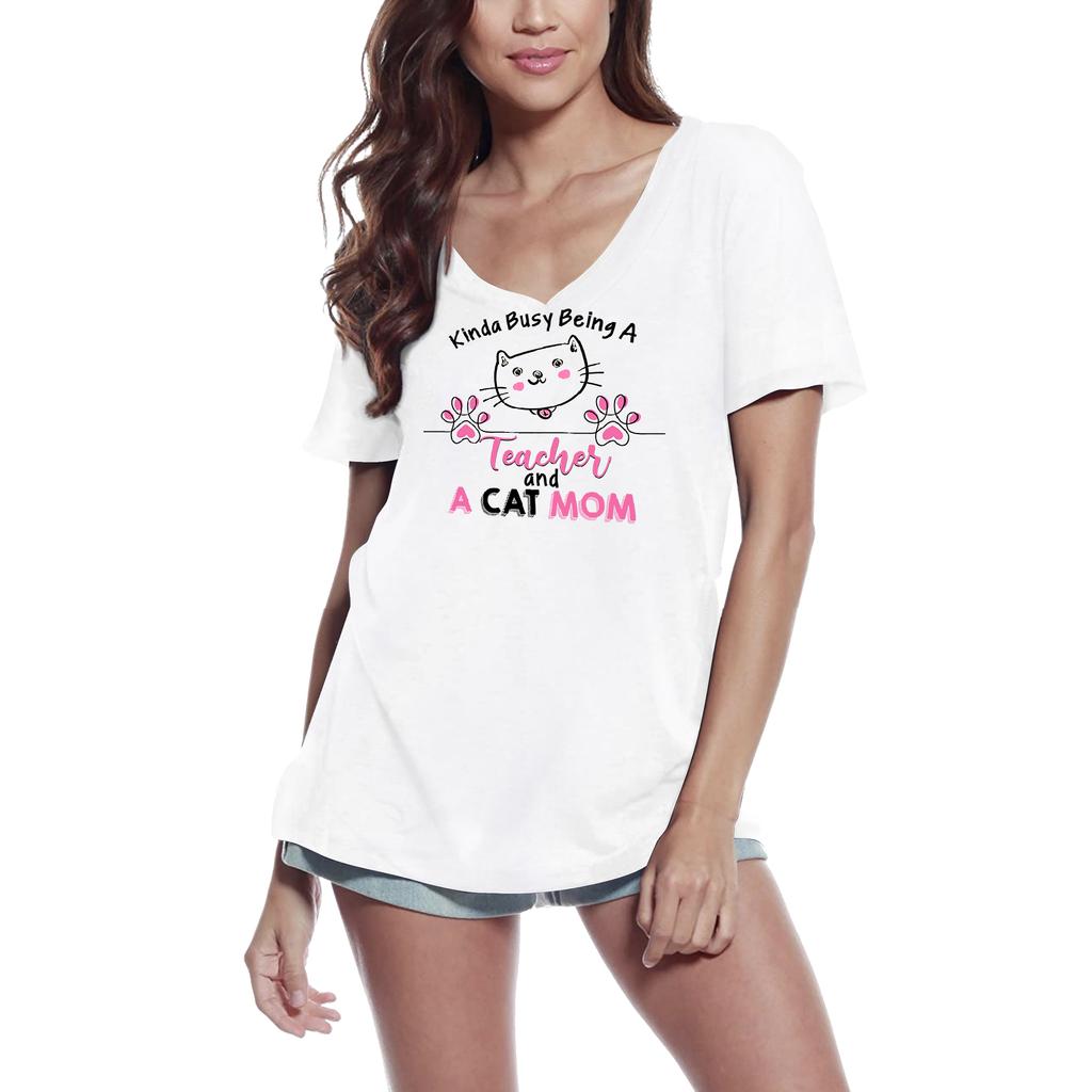 Ultrabasic Women's T-Shirt Kinda Busy Being a Teacher and Cat Mom - Cute Short Sleeve Tee Shirt