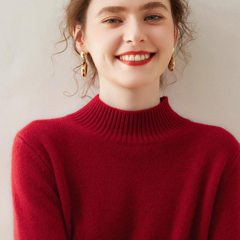 Damen Kaschmir Einfarbig Halbhoher Kragen Pullover - Schlankmachend, Lockere Passform, Gestrickter Langarm für Herbst/Winter.