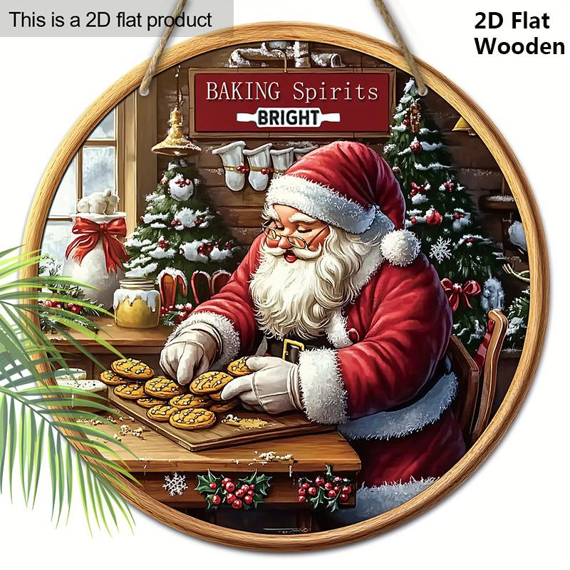 

Деревянная рождественская табличка с добрым рисунком Санта-Клауса, круглая табличка «Счастливого Рождества» для входной двери, кухонный подвесной декор, идеальное рождественское украшение 20cm/7.87in красный