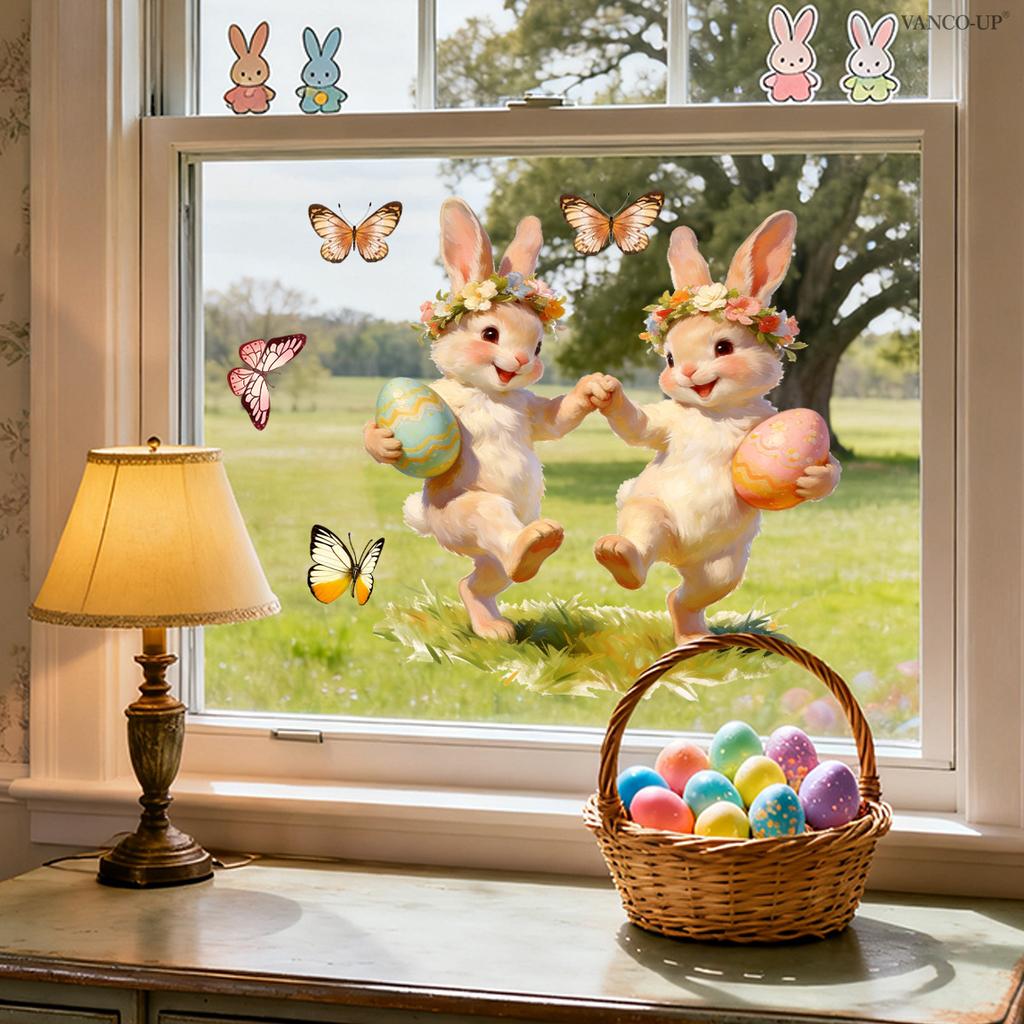 Easter Window Stickers, Creative Cute Floral Bunny Eggs Decor, Static Cling Glass Decals for Bedroom Living Room Holiday Decoration