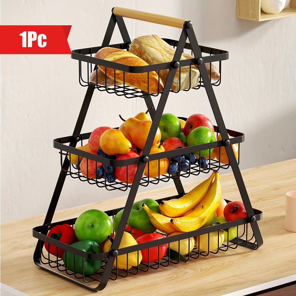 1pc 2/3 Tiers Storage Basket Countertop for Bathroom, Basket Bowl Stand Detachable Metal Wire Basket with Wooden Handle for Bathroom Storage Rack