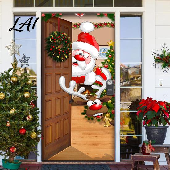 Waterproof Door Cover Christmas Colorful Print Decoration Backdrop Santa Claus Design Front