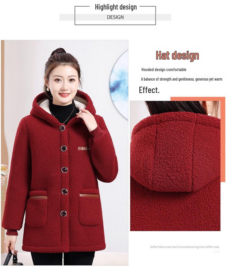Mom's Winter Wear Fleece-Lined Lambswool Hooded Coat for Middle-Aged & Elderly Women