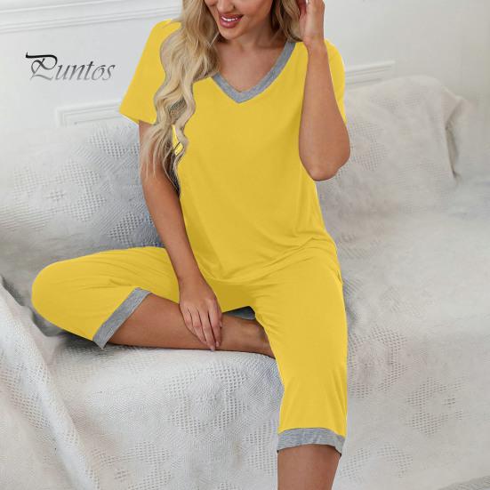 T-shirt Pants Set 2 Pcs/Set Pajamas V Neck Contrast Color Short Sleeve Women Sleepwear Loose Homewear Elastic Waist Cropped Summer Night Clothes